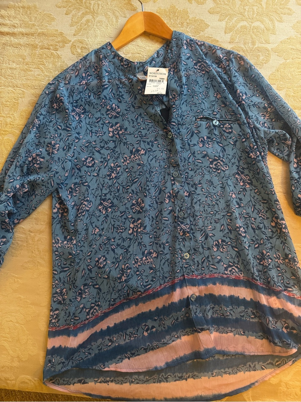Nordstrom Blue Floral Button-Front Shirt with Pink Trim